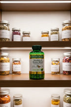 Nature's Bounty Ashwagandha KSM-66 90 Tablets in professional medicine cabinet with premium botanical jars and soft recessed lighting — More4less Outlet.