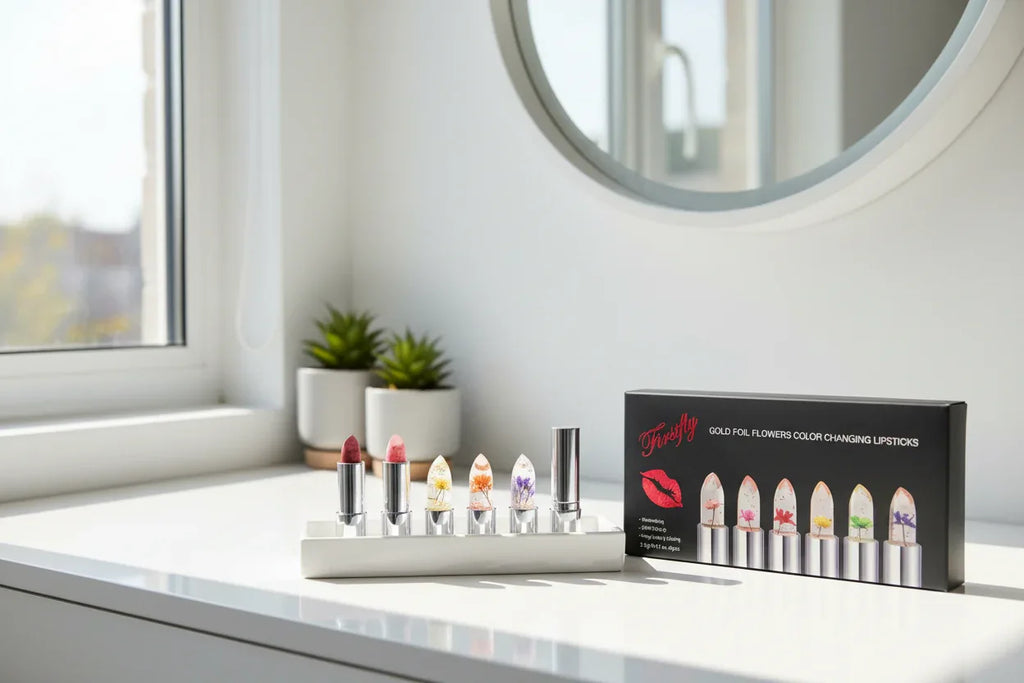 Firstfly transparent color-changing lipsticks arranged on white vanity tray with natural sunlight