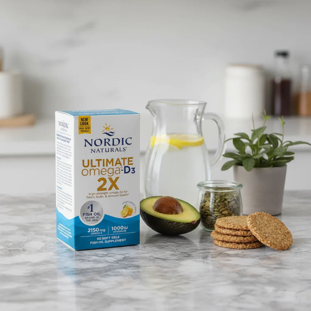 Curated healthy living setup showing high-potency omega-3 and vitamin D3 supplement box in focus on natural stone