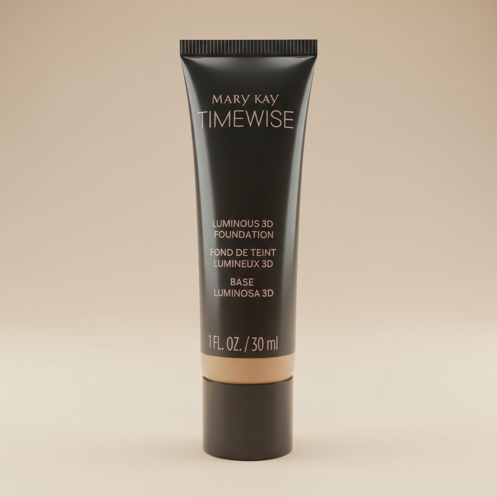 Close detail of Mary Kay TimeWise Luminous 3D Foundation tube in Ivory N 160 on a neutral background