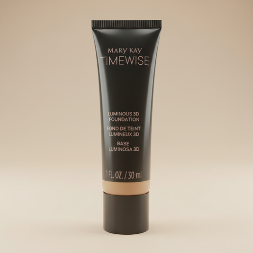 Close detail of Mary Kay TimeWise Luminous 3D Foundation tube in Ivory N 160 on a neutral background