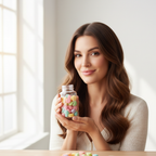 Woman with healthy glowing hair and skin taking a biotin gummy vitamin in a bright modern kitchen