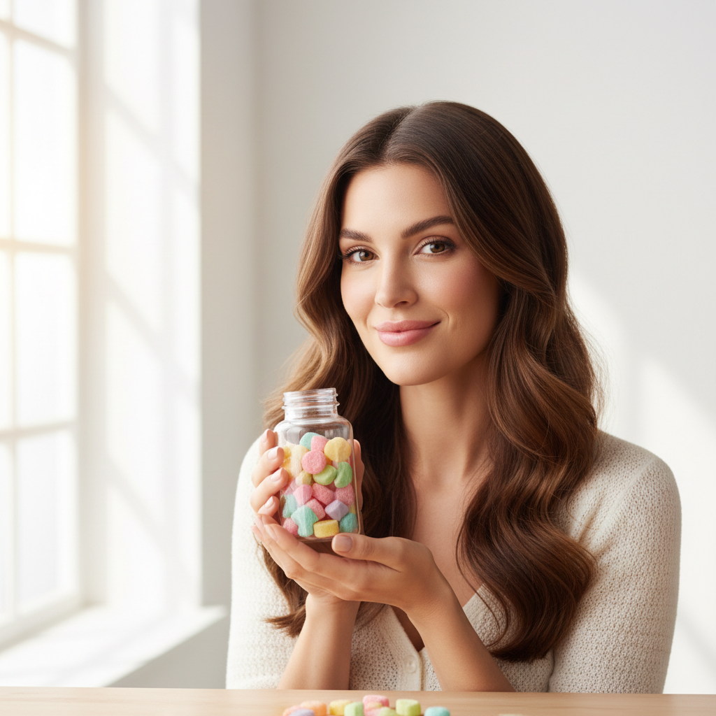 Woman with healthy glowing hair and skin taking a biotin gummy vitamin in a bright modern kitchen