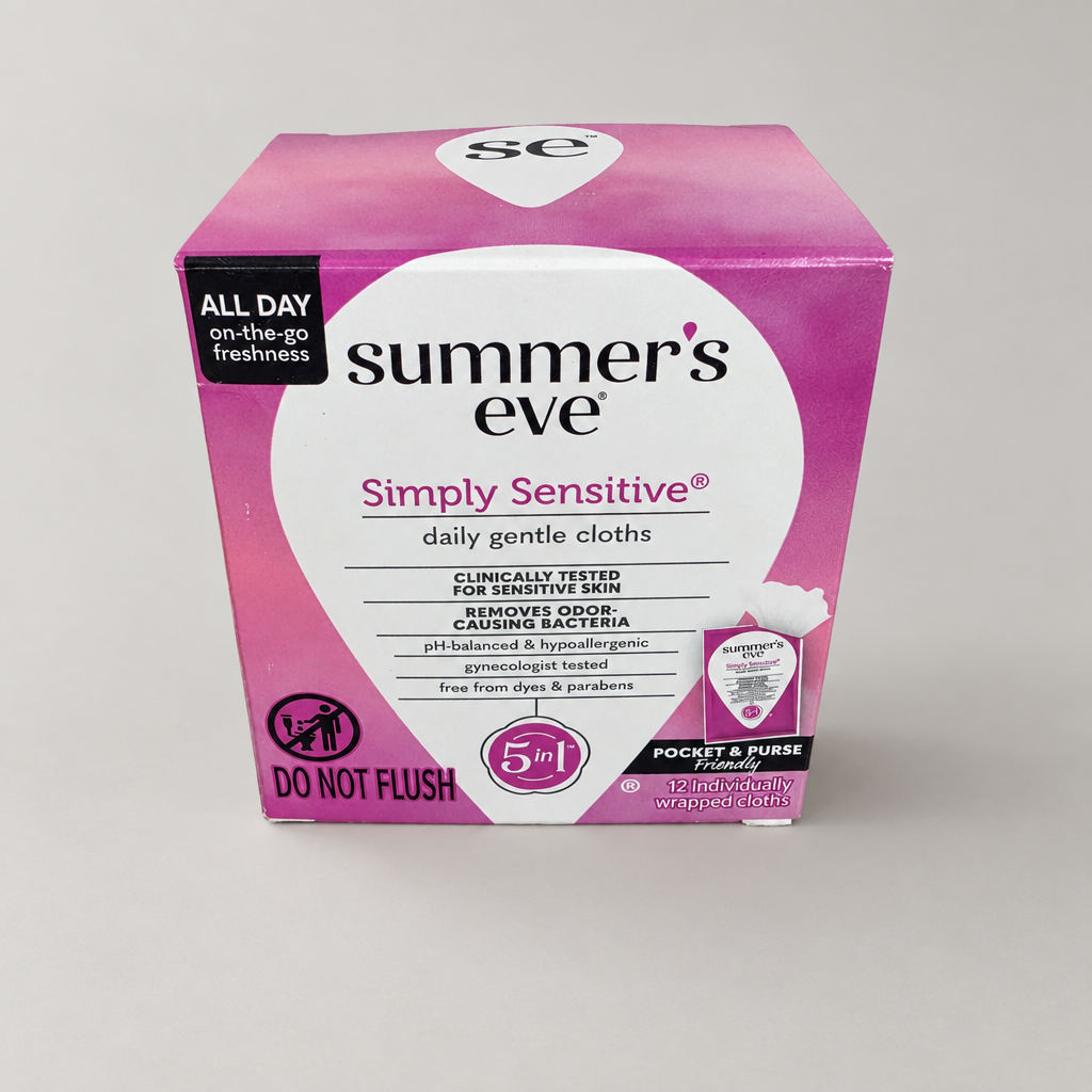 Summer's Eve Simply Sensitive daily gentle cloths box on a neutral studio background