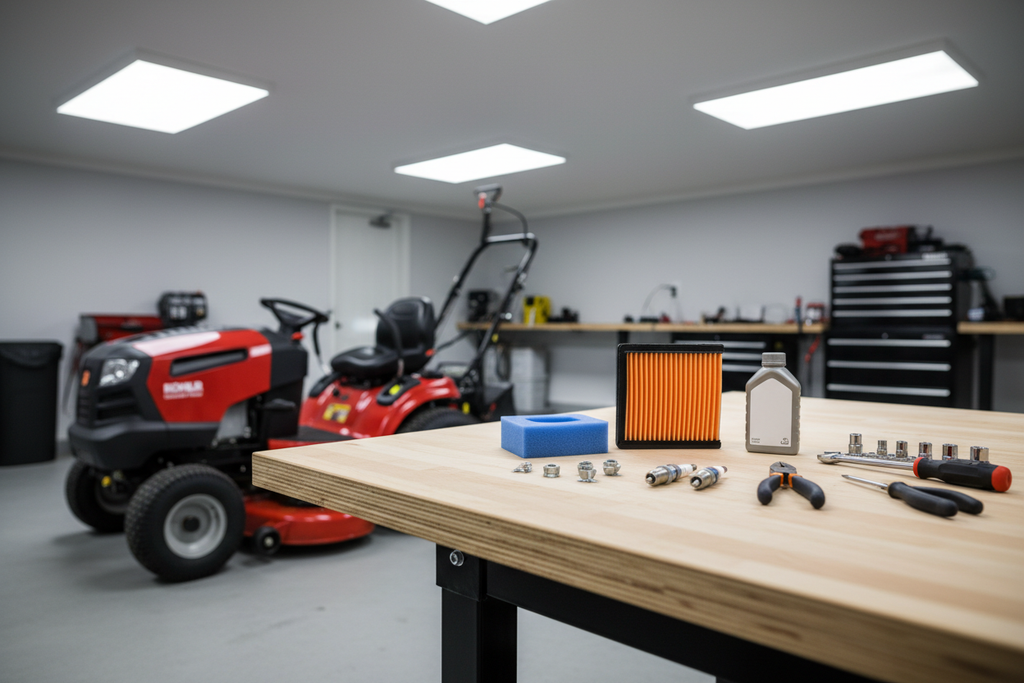 Organized garage workbench with small engine maintenance parts including air filter and foam pre-cleaner
