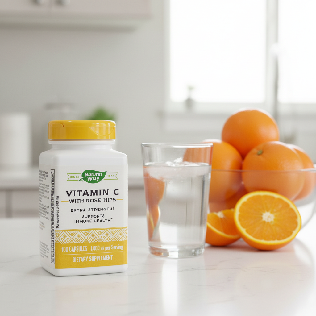 Nature's Way Vitamin C with Rose Hips bottle on modern white quartz kitchen counter beside fresh bowl of citrus oranges and clear glass of water