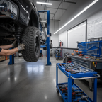 Mechanic's hands installing suspension component under lifted truck in clean professional garage workshop