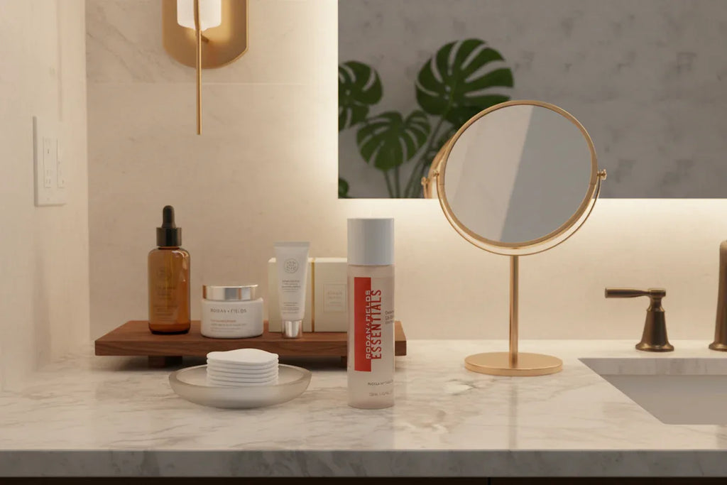 Minimalist master bathroom counter with Rodan + Fields eye makeup remover beside cotton pads and mirror
