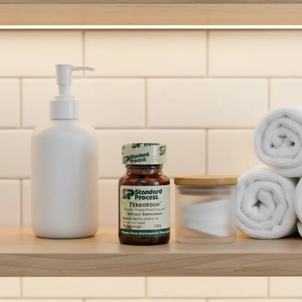 Standard Process Ferrofood supplement organized on bathroom medicine cabinet shelf with minimalist health toiletries