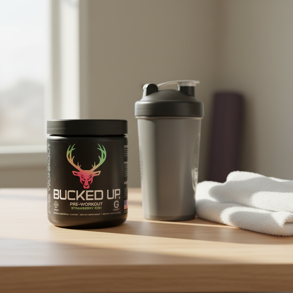 Bucked Up Original Strawberry Kiwi pre-workout container on a countertop beside a shaker bottle and towel