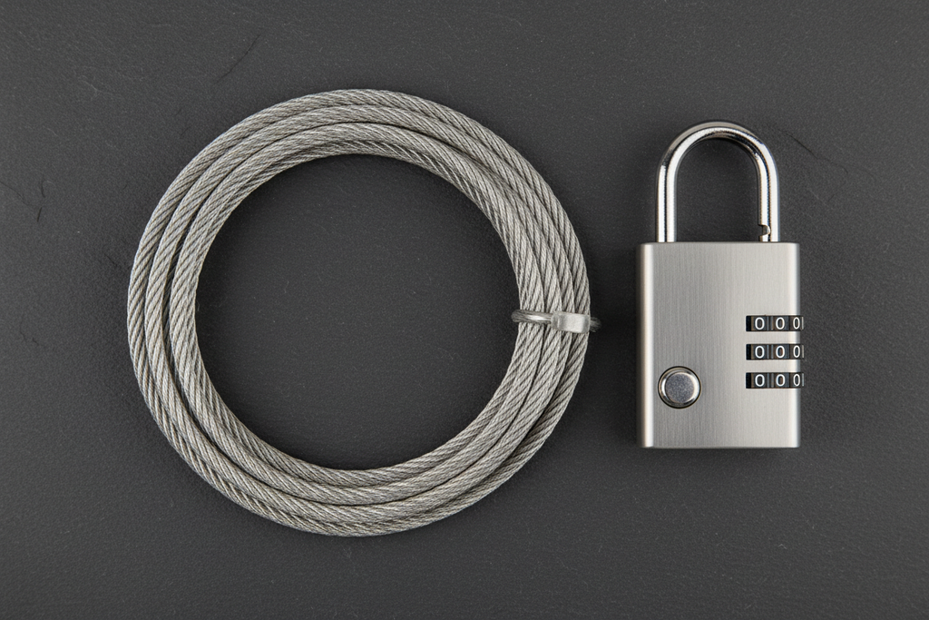 Targus DEFCON Laptop Lock flat lay with coiled steel cable and 4-digit combination dial on dark surface – More4less Outlet