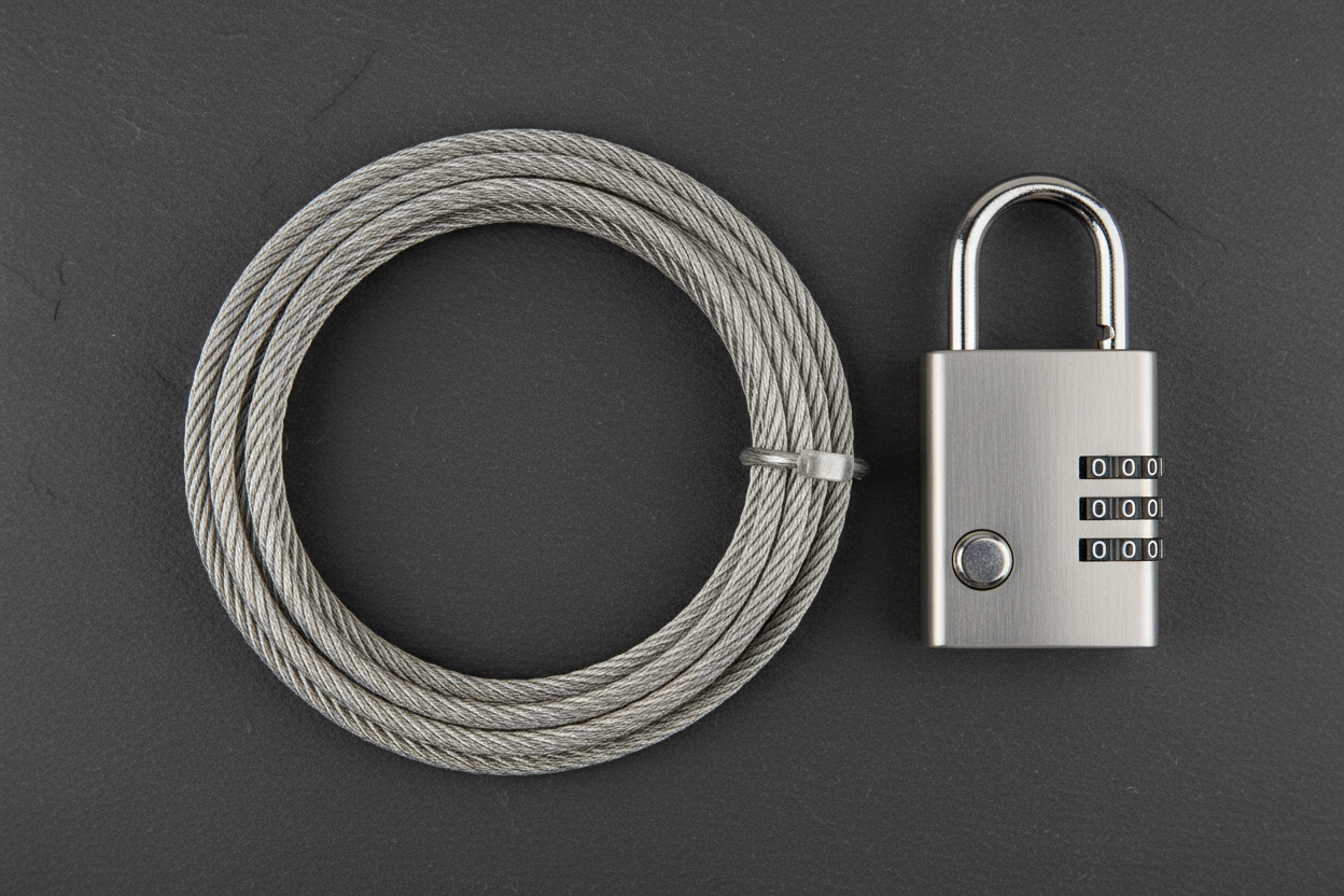 Targus DEFCON Laptop Lock flat lay with coiled steel cable and 4-digit combination dial on dark surface – More4less Outlet