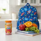 Emergen-C Kidz Gummies bottle on kitchen counter next to school backpack and fresh fruit – More4less Outlet