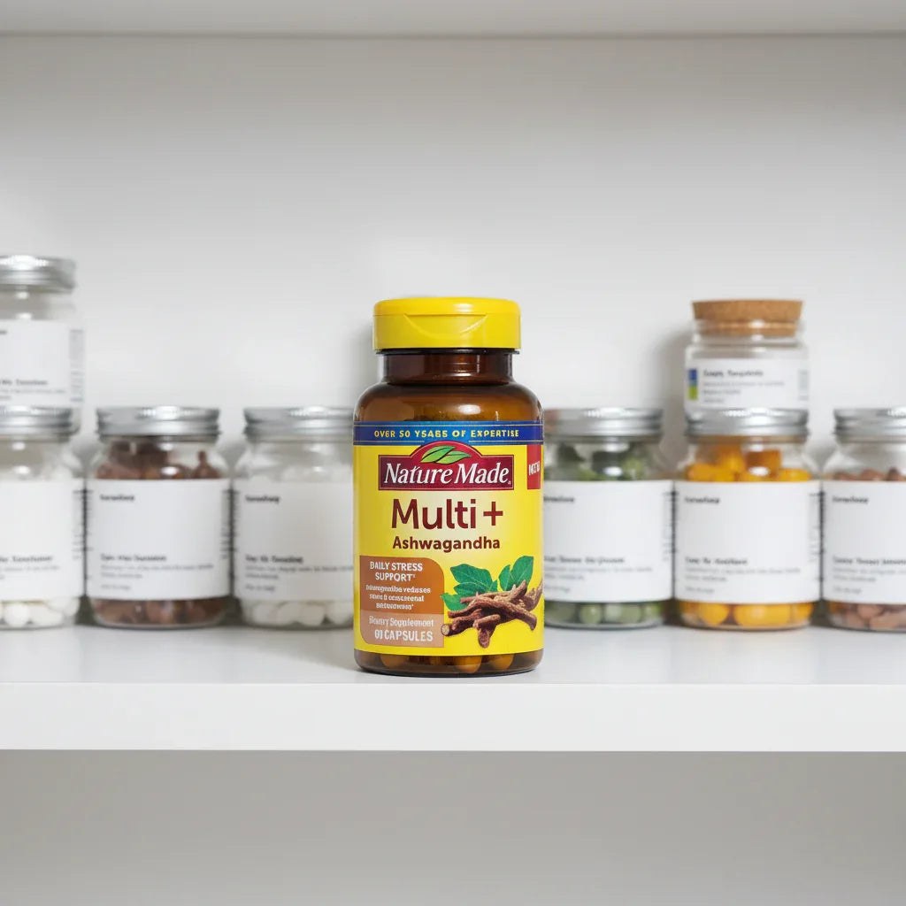 Nature Made Multi + Ashwagandha 60 Capsules in minimalist Health Apothecary white cabinet shelf with glass supplement jars