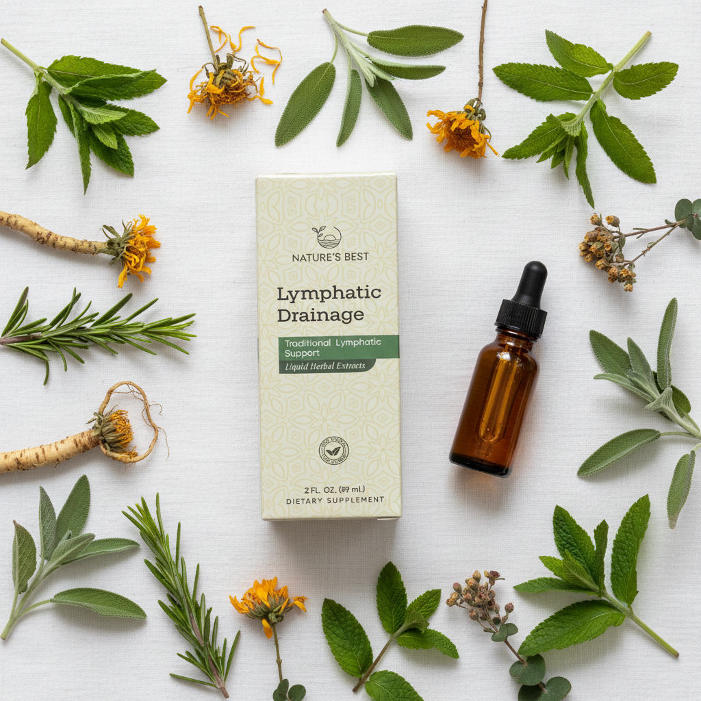 Nature's Best Lymphatic Drainage Liquid Herbal Extract 2 fl oz flat lay on white linen with dried herbs, green leaves and dropper bottle