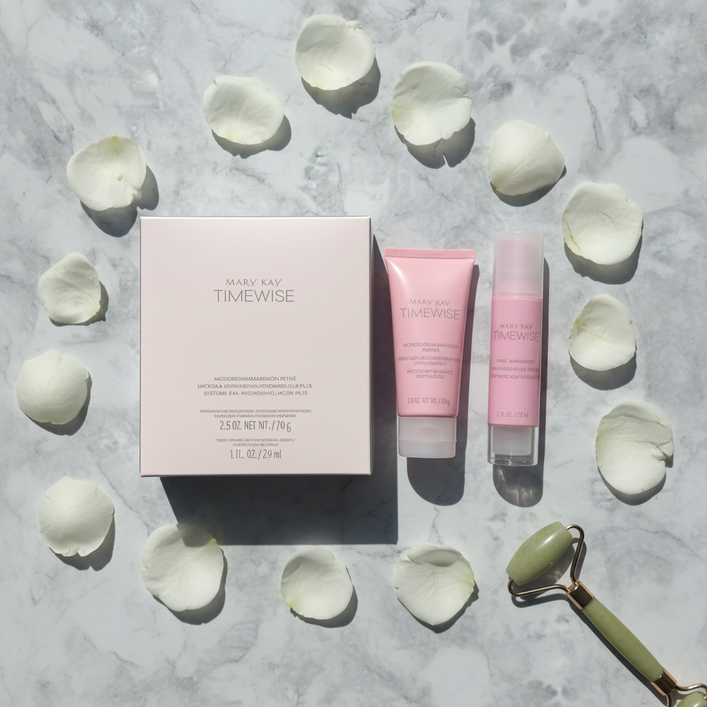Flat lay of Mary Kay TimeWise Microdermabrasion Plus Set with pink box rose petals and jade roller on white marble