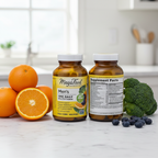 MegaFood Men's One Daily Multivitamin amber glass bottle beside fresh organic oranges broccoli and blueberries on white marble – More4less Outlet