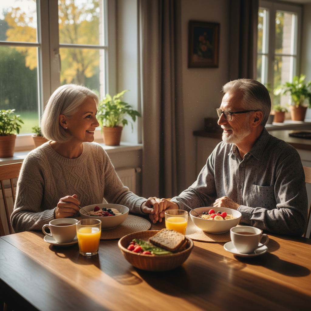 Older adult couple enjoying a healthy breakfast together at a dining table in warm morning light