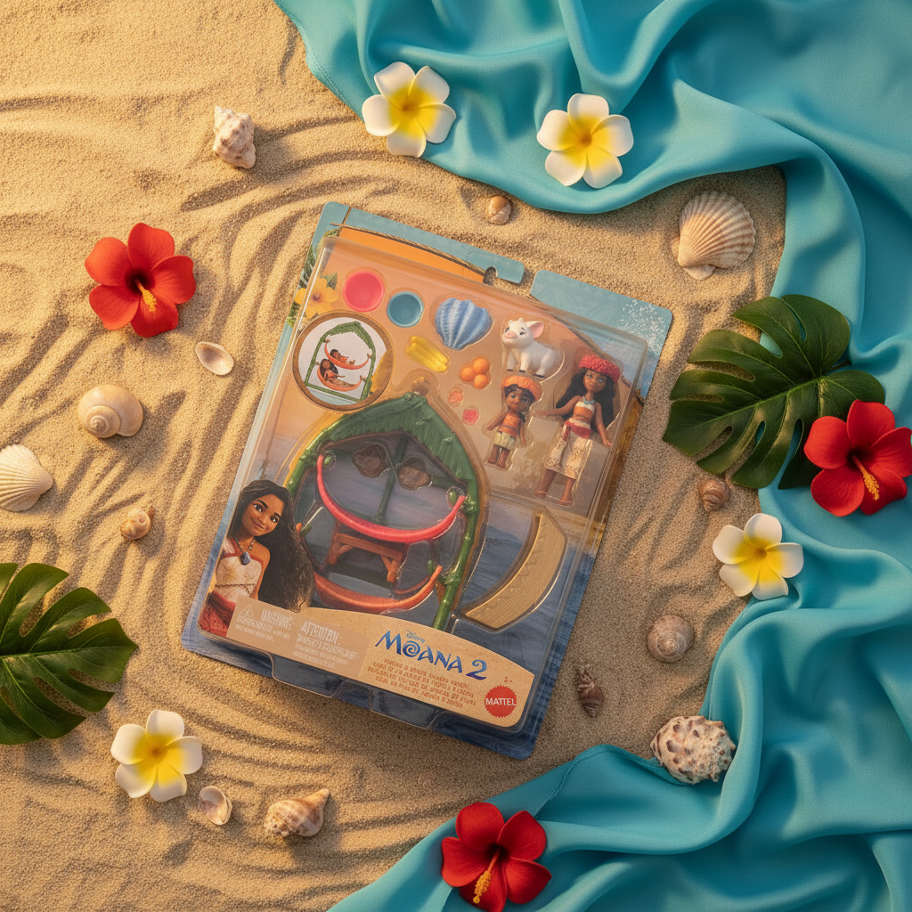 Disney Moana 2 Moana & Simea Village Home Playset styled on a sandy beach flat lay with seashells and tropical flowers – More4less Outlet