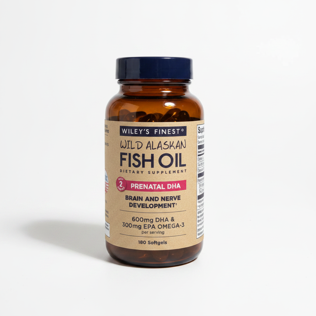 Lifestyle context image of Wiley's Finest Prenatal DHA Fish Oil 180 softgels (AI-generated for visual illustration only) – white surface minimalist supplement photography – More4less Outlet
