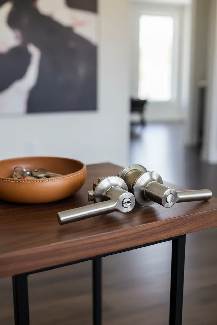 Schlage Broadway Satin Nickel lever on contemporary entryway side-table with leather mail bowl and modern house keys