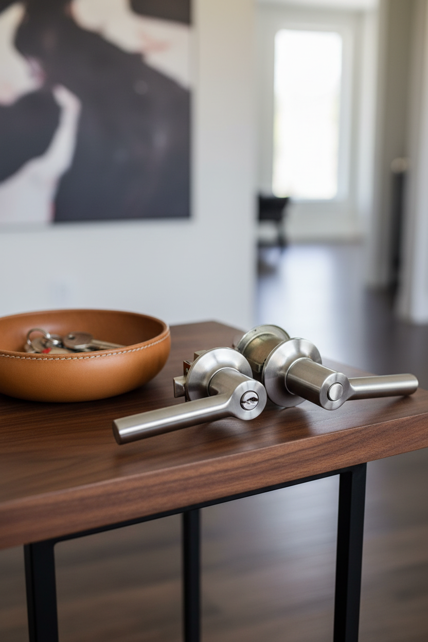 Schlage Broadway Satin Nickel lever on contemporary entryway side-table with leather mail bowl and modern house keys
