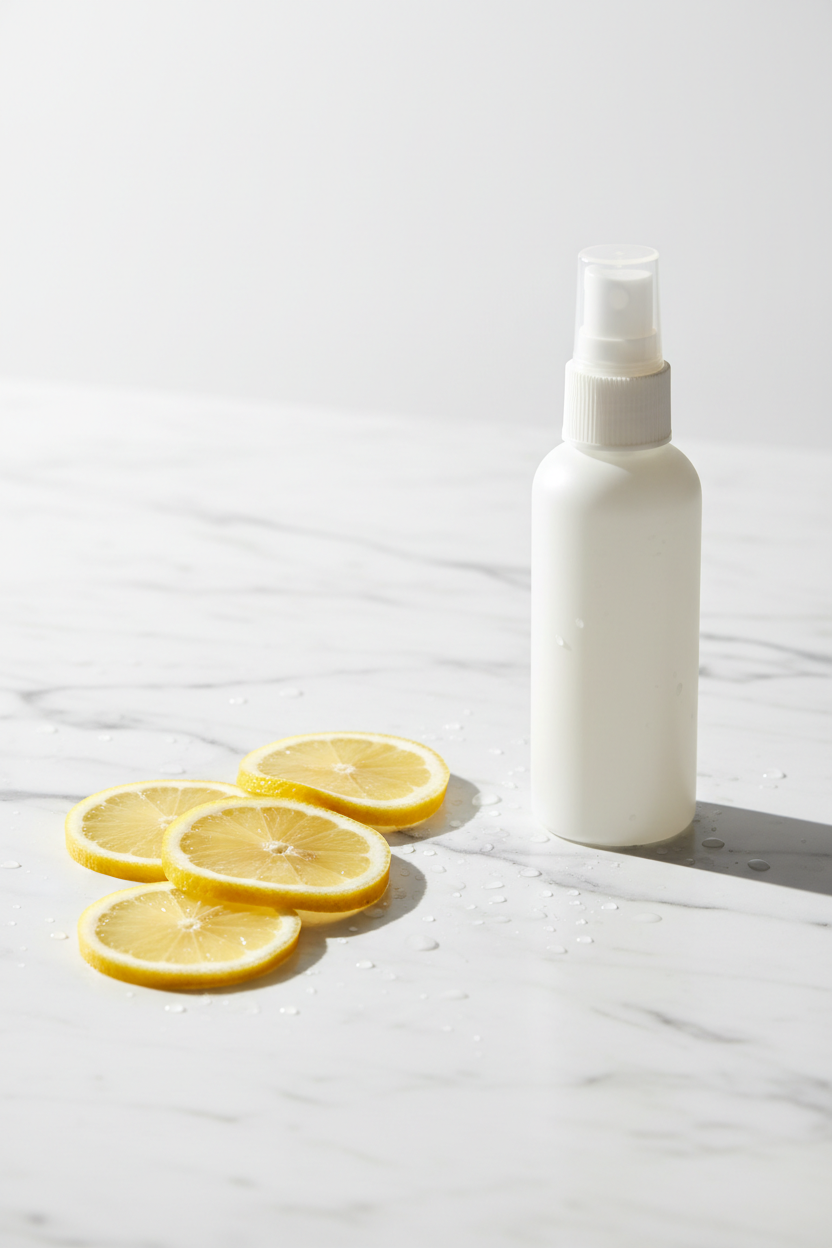 Fresh lemon slices next to white spray bottle on clean marble surface