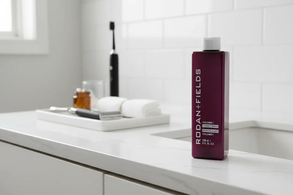 Rodan + Fields Volume+ Conditioner bottle on modern bathroom vanity with grooming accessories white tray