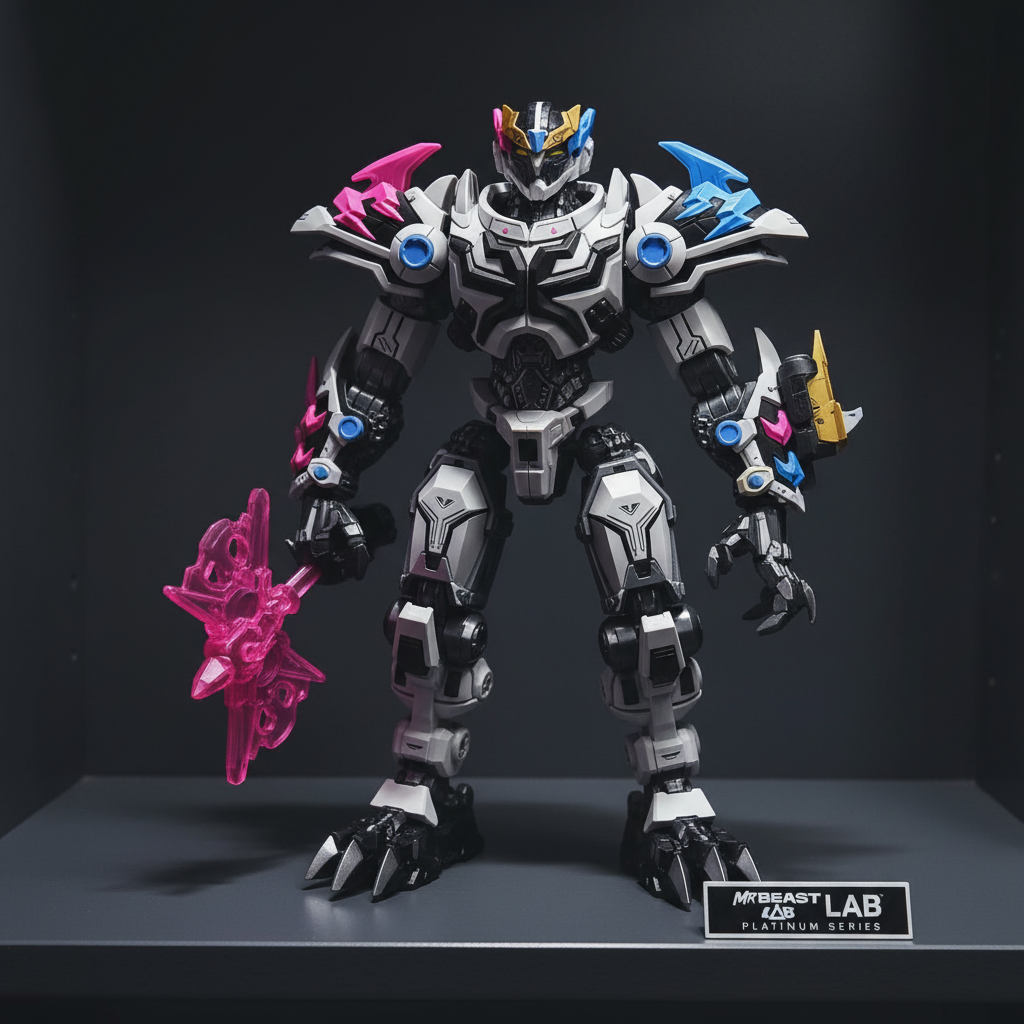MrBeast Lab Tiger Battle Titan action figure on dark gray display shelf with dramatic studio lighting – More4less Outlet