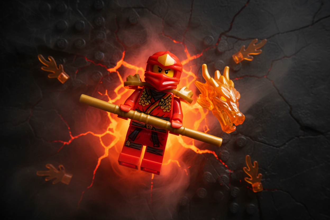 LEGO NINJAGO Dragon Power Kai minifigure with staff and golden dragon energy core element flat lay – More4less Outlet