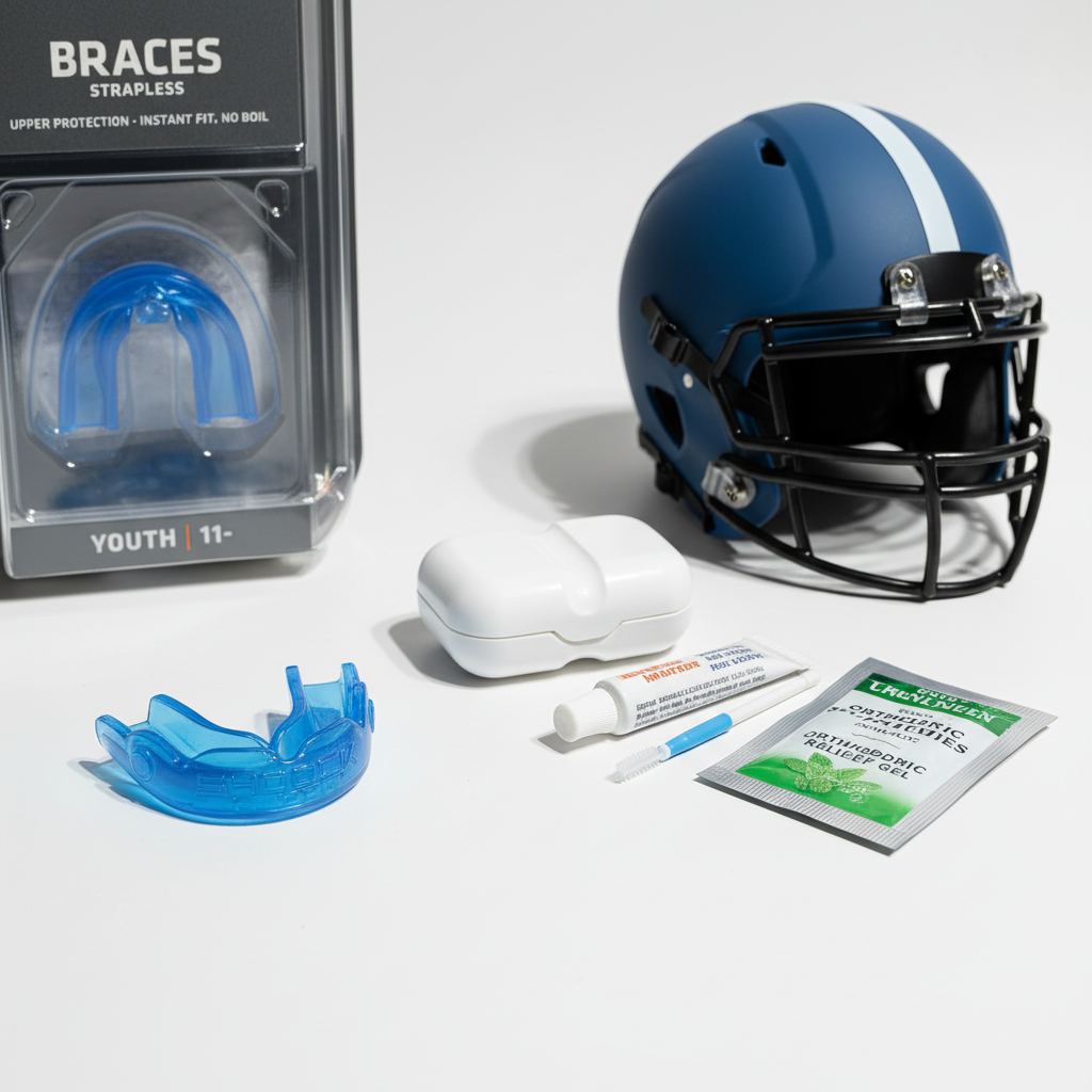 Shock Doctor blue Braces mouthguard on white surface next to sports helmet and dental care items – More4less Outlet