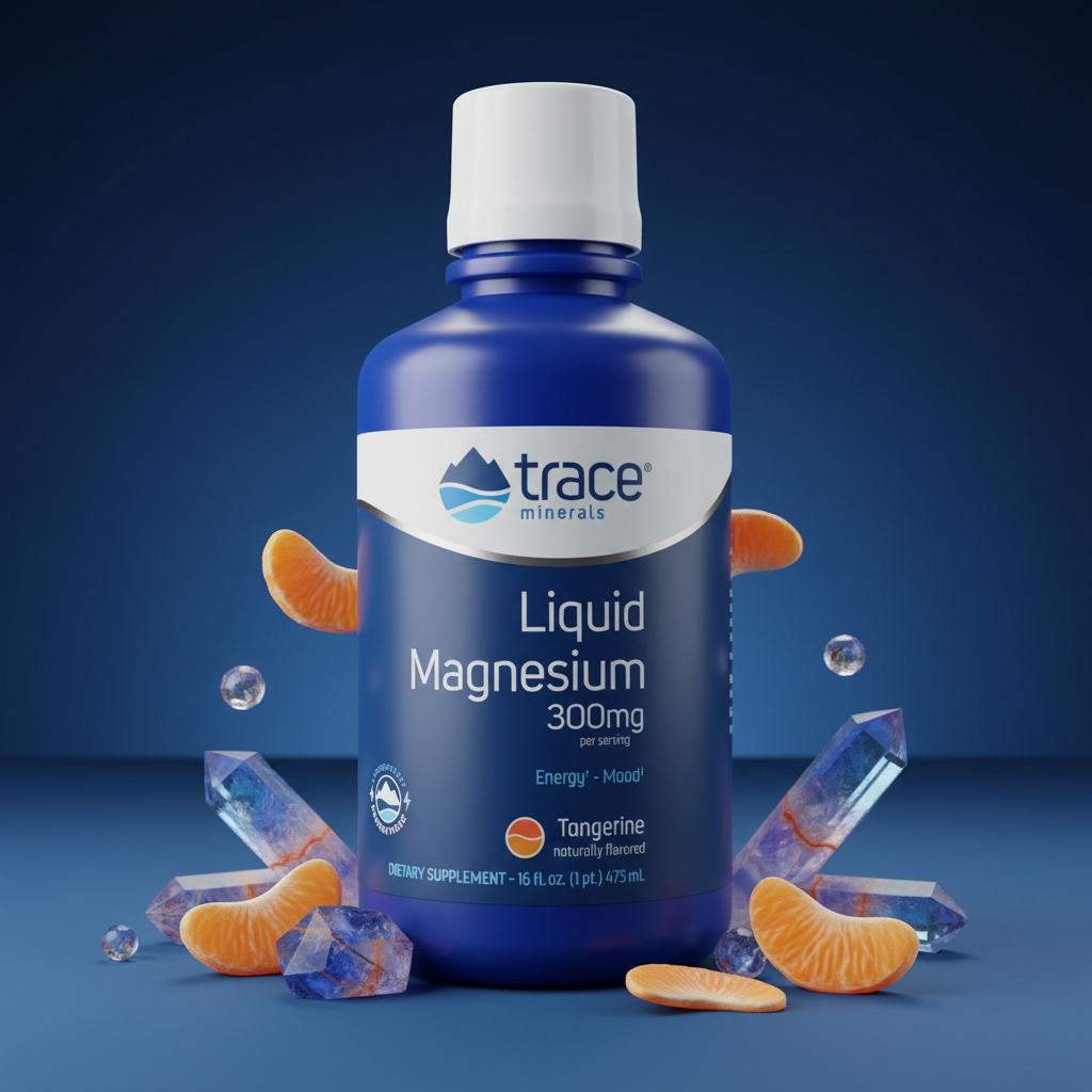 Trace Minerals Liquid Magnesium 300mg Tangerine blue editorial with tangerine slices – More4less Outlet