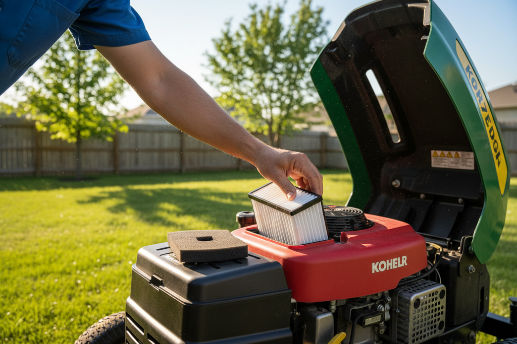 Person installing Kohler engine air filter on riding lawn mower outdoors