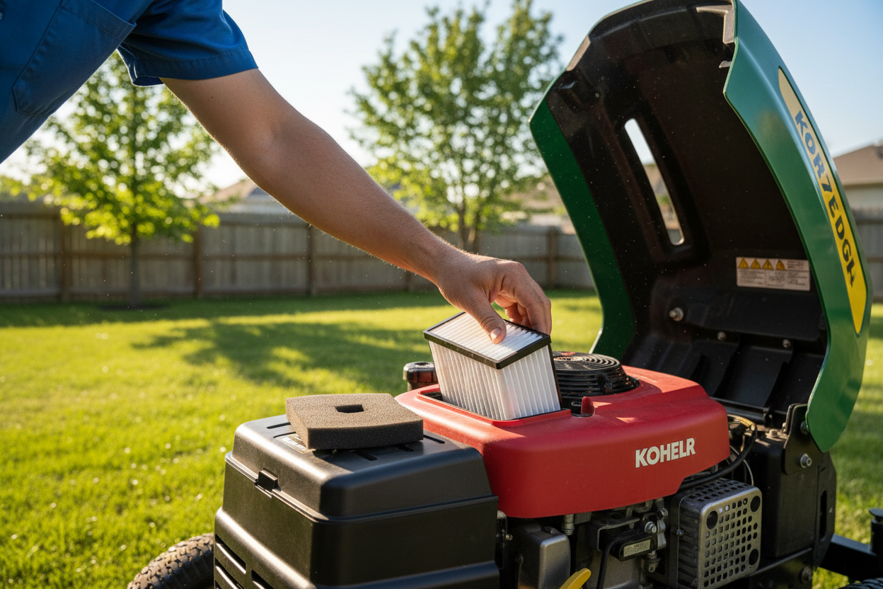 Person installing Kohler engine air filter on riding lawn mower outdoors