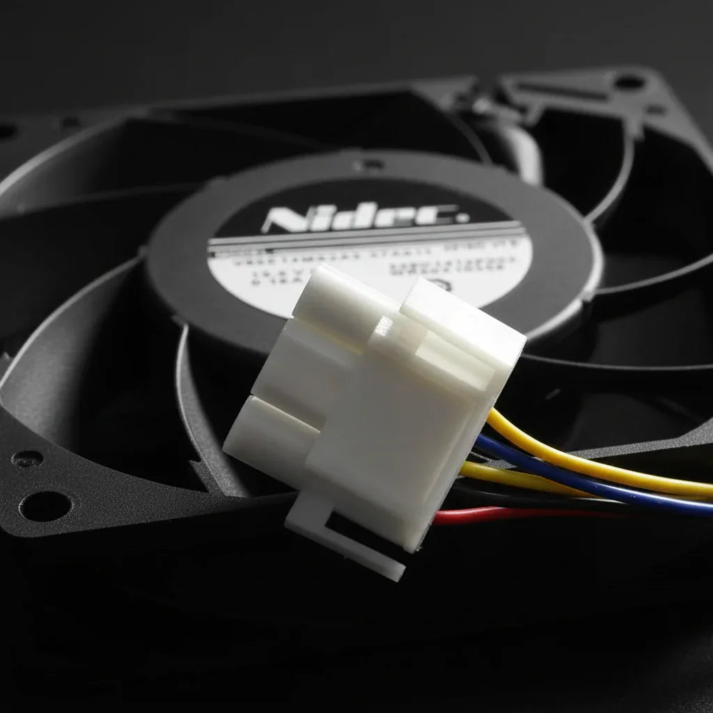 Macro detail of the electrical connector and blade structure of the Nidec fan assembly