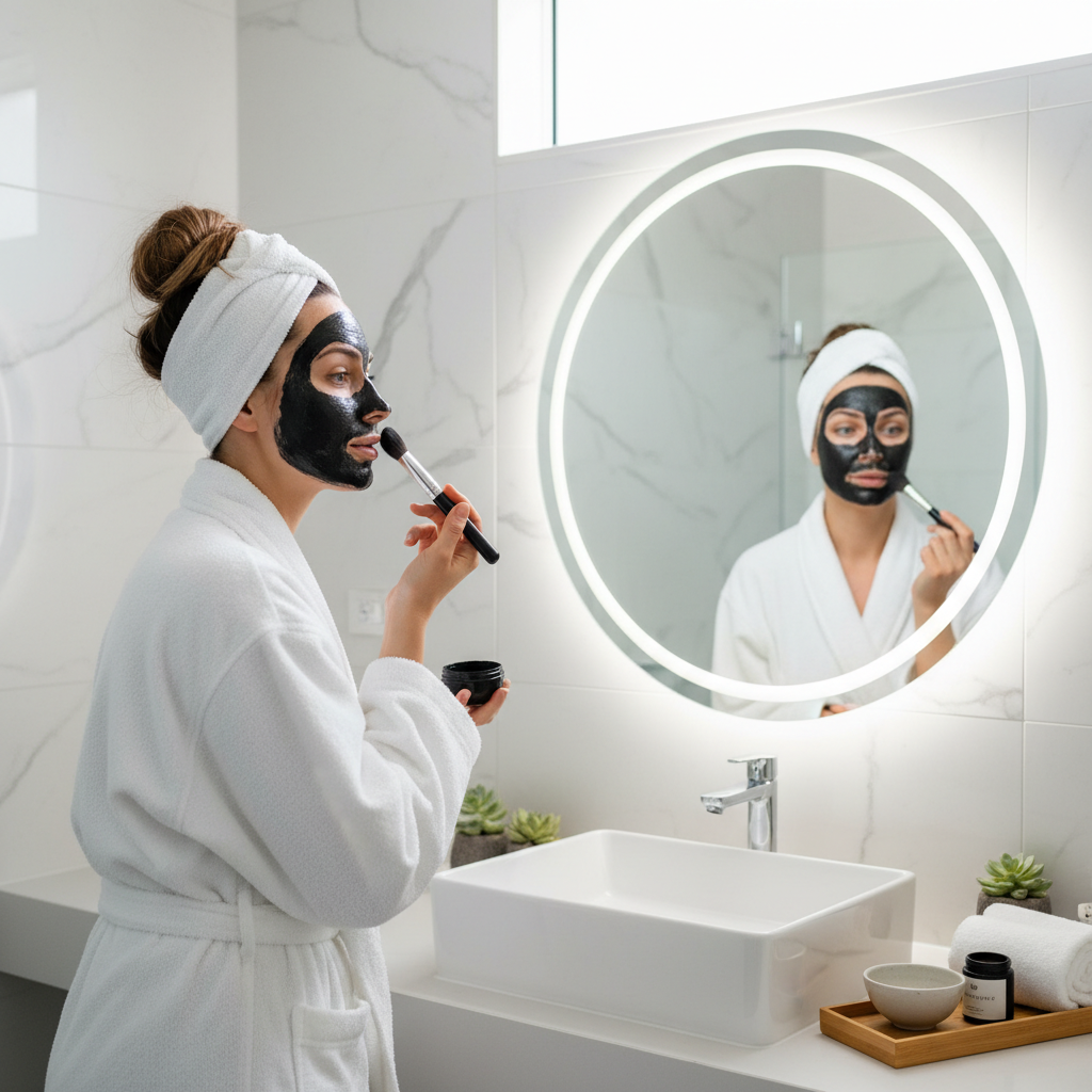 Woman applying charcoal face mask in bright bathroom mirror wearing white robe for spa-at-home skincare routine