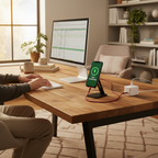 iPhone fast charging at desk via cranberry braided cable connected to white 18W USB-C wall charger — More4less Outlet