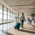 Teal blue rolling duffel bag being pulled through bright modern airport terminal — Protégé 25-inch travel lifestyle — More4less Outlet