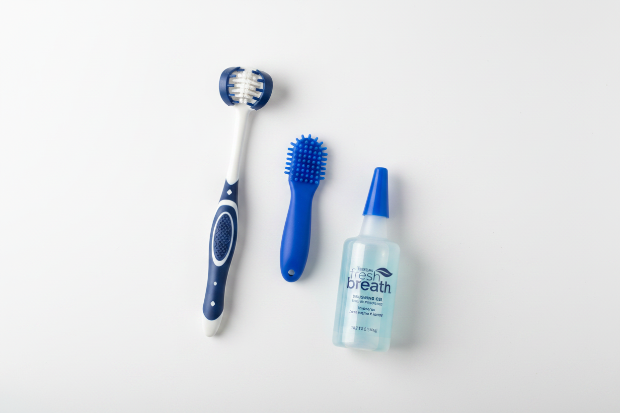 TropiClean Fresh Breath Oral Care Kit flat lay — TripleFlex toothbrush fingertip brush and brushing gel for large dogs dental care