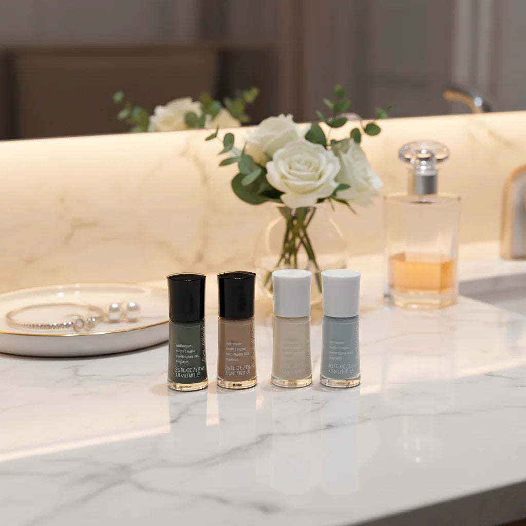 Mary Kay nail lacquer bottles on elegant marble vanity with jewelry tray, perfume, and fresh flowers.
