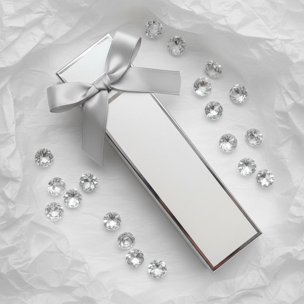 Lifestyle image — white and silver slim perfume wand box on white tissue paper with silver ribbon bow and scattered crystals, luxurious gifting flatlay for visual context only