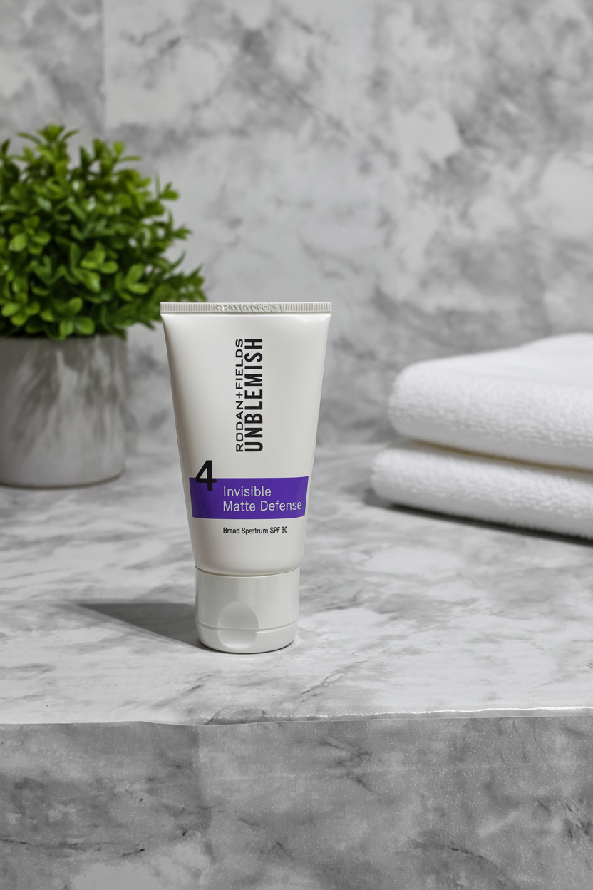 Rodan and Fields UNBLEMISH Invisible Matte Defense SPF 30 sunscreen tube on a marble bathroom counter with soft natural light and a small green plant – More4less Outlet