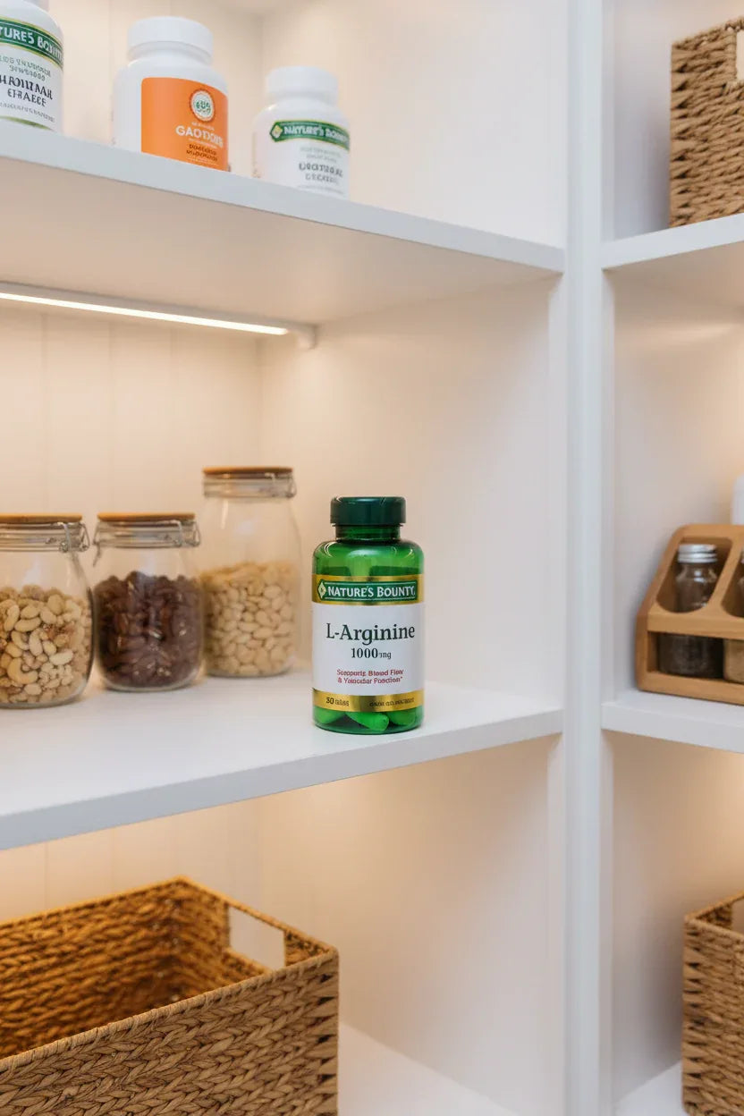 Nature's Bounty L-Arginine 1000mg in organized family health pantry with white cabinet shelving and soft recessed lighting — More4less Outlet.