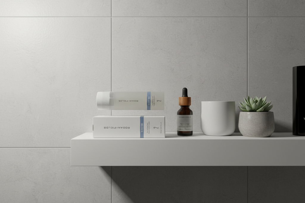 Rodan + Fields REDEFINE Pore Refining Toner bottle and box on clean modern bathroom shelf