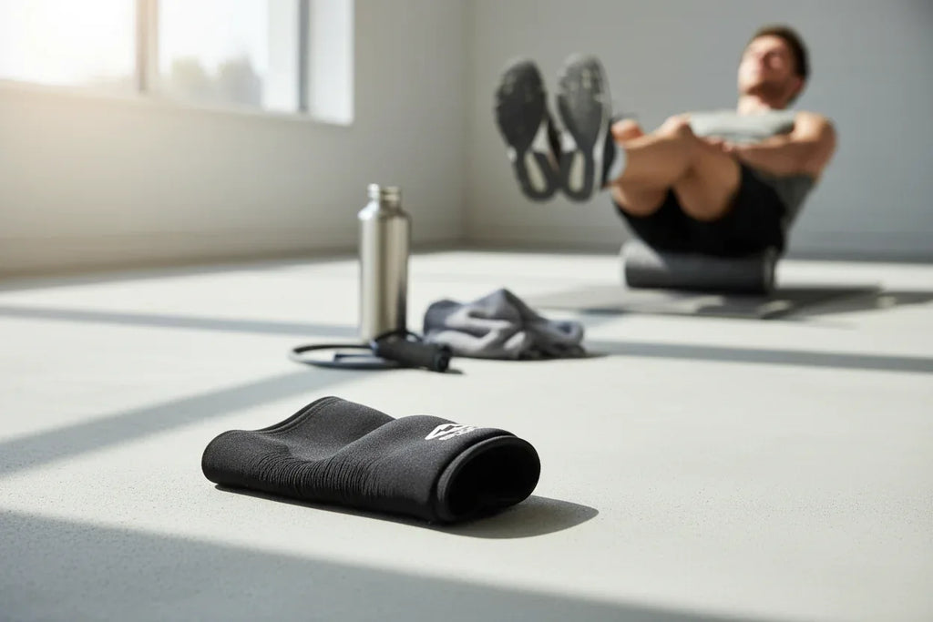 Active recovery fitness setup with Shock Doctor Flex Ice knee compression sleeve on athletic surface