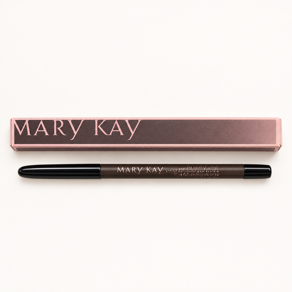 Mary Kay Brow Definer pencil and pink retail box on a warm white background