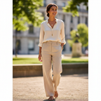 Woman with warm almond skin tone outdoors, glowing even complexion, polished natural makeup look