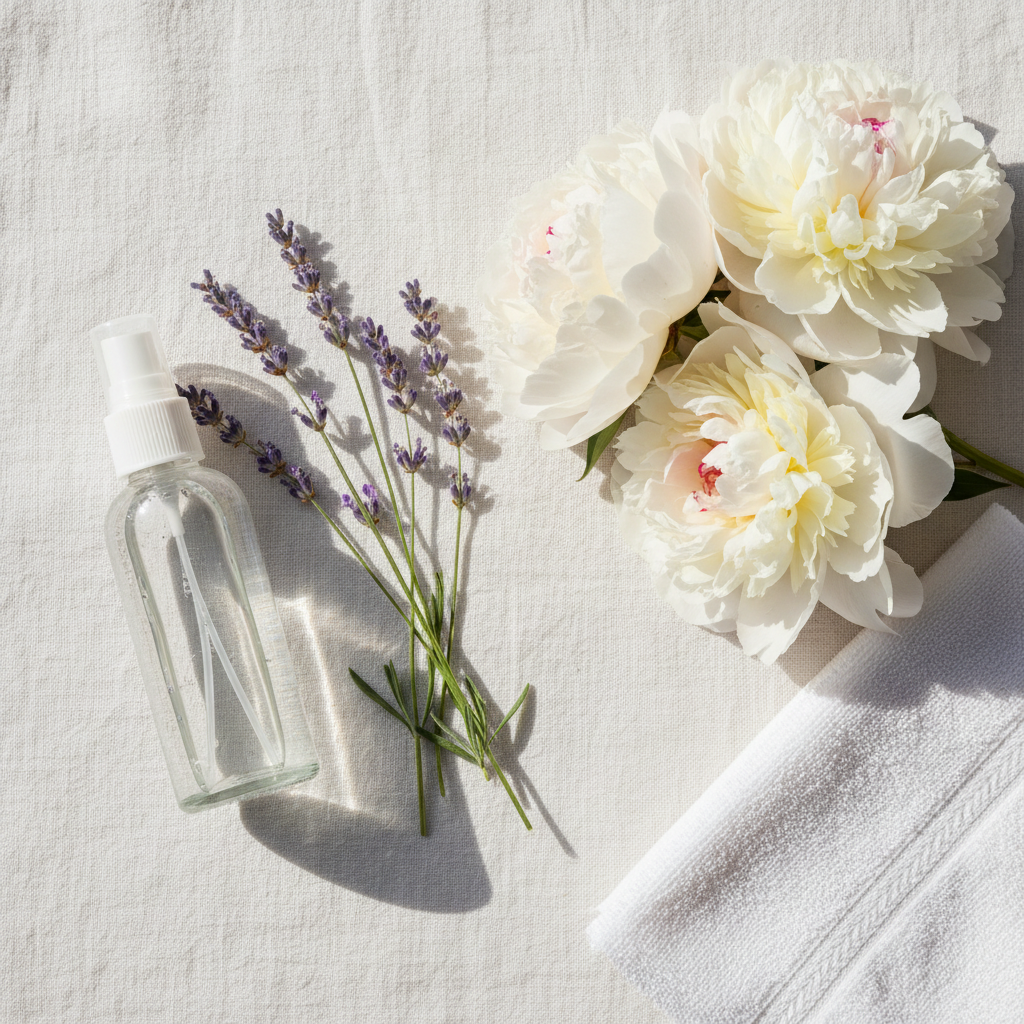 Lifestyle image - clear spray bottle beside lavender sprigs and white peony blooms on white linen, botanical beauty flatlay for visual context only
