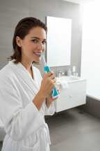 Person brushing teeth with Oral-B Pro 1000 electric toothbrush in modern bathroom