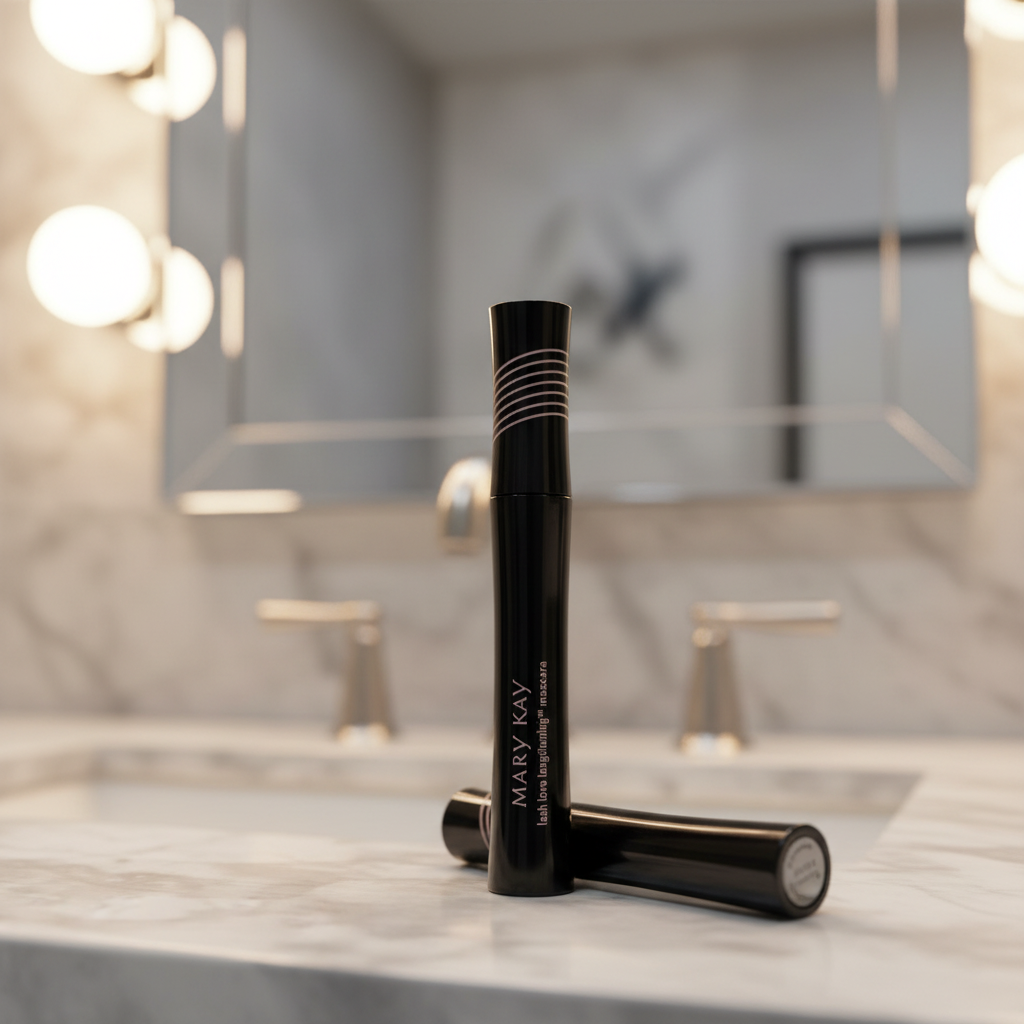 Mary Kay Lash Love Lengthening Mascara in I Love Black — glossy black cylindrical tube with pink Mary Kay branding and ribbed cap standing upright on a white marble vanity with soft warm lighting and blurred mirror
